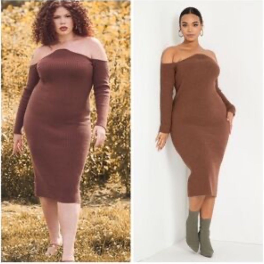 Eloquii Shaped Neckline Off the Shoulder Midi Knit Dress - 18 Brown